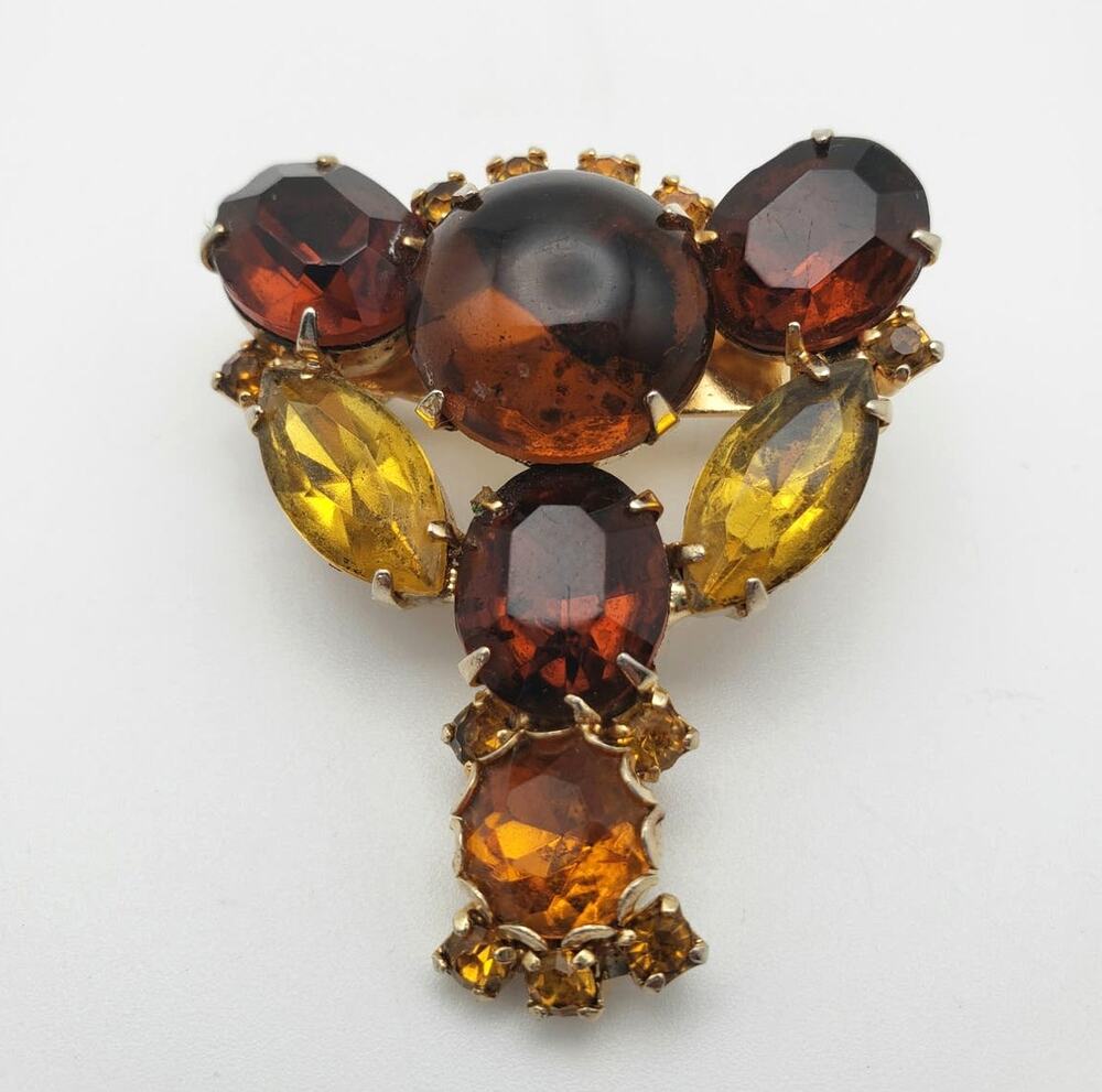 Yellow Brown Root Beer Glass Brooch 1.5" Pin Gold Tone Prong Set VTG Retro MCM